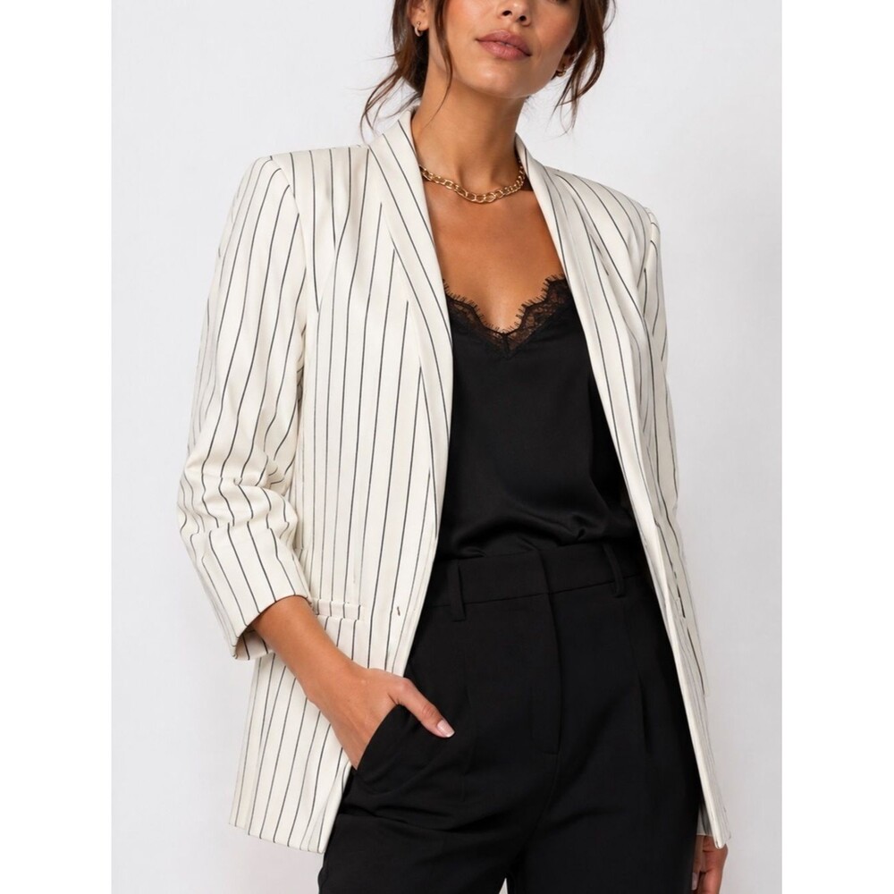 H&M Pinstripe Open Front Blazer Womens Size 10 Cream & Black Striped 3/4 Sleeve
